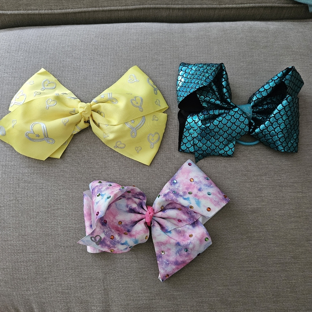 Jojo Siwa big bows lot of 3 yellow green pink clip hair ties ribbon